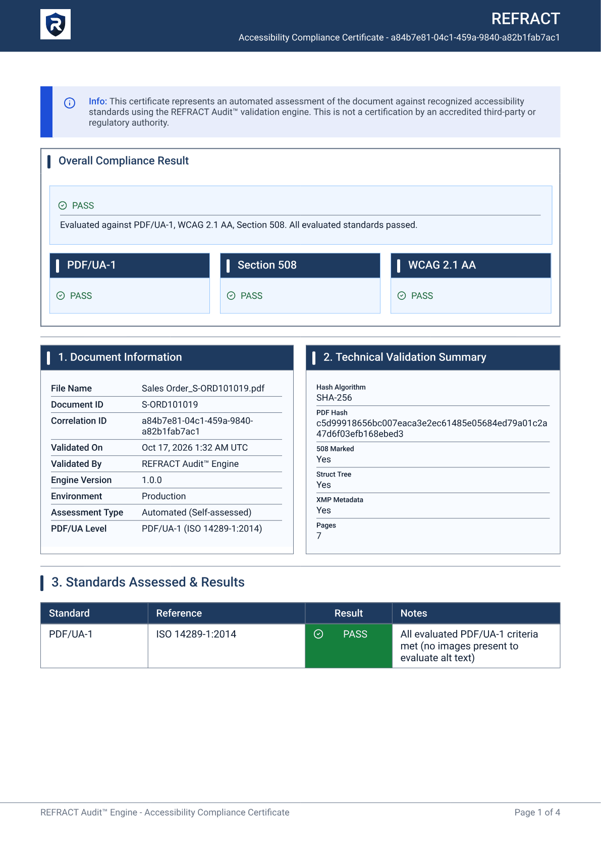 Page 1 of 4 of the REFRACT Accessibility Compliance Certificate for sales order S-ORD101019. Overall compliance result PASS: evaluated against PDF/UA-1, WCAG 2.1 AA and Section 508, all evaluated standards passed, each shown as PASS. Document information: file Sales Order_S-ORD101019.pdf, validated Oct 17, 2026 by the REFRACT Audit Engine, automated self-assessed check, PDF/UA-1. Technical validation summary: the PDF's SHA-256 hash, 508 marked yes, structure tree yes, XMP metadata yes, 7 pages.