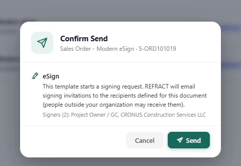 The Confirm Send dialog lists the two signer roles before anything is emailed
