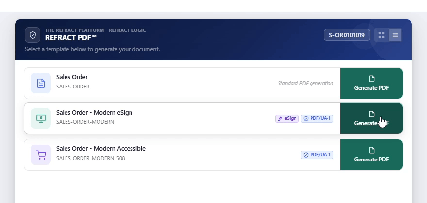 The Choose Template list in Business Central: Sales Order - Modern eSign carries both the eSign and PDF/UA-1 labels