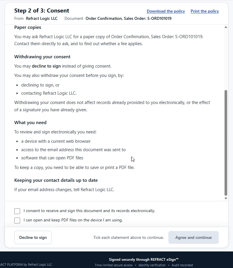 Step 2 of 3 in the signing portal: the consent policy, with Decline to sign and Agree and continue