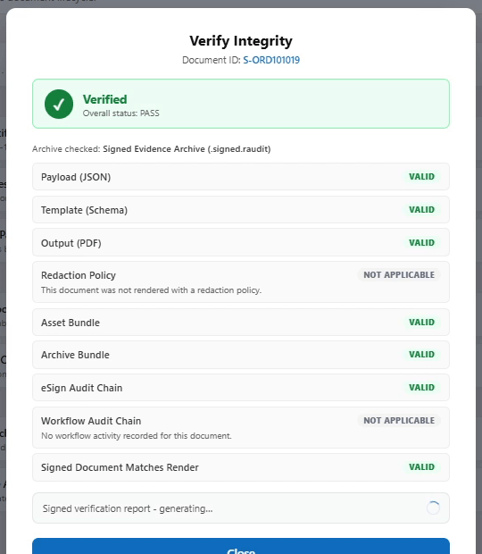 Verify Integrity: Verified, overall status PASS, with each component VALID