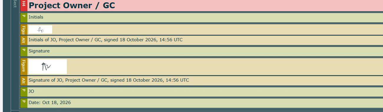 The PAC 2026 screen reader preview: each signature and set of initials is a Figure with its own alternative text