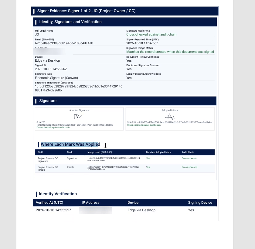 Signer evidence: identity and verification, the adopted marks, and where each mark was applied, cross-checked against the audit chain