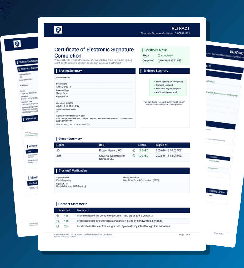 The certificate of electronic signature completion for sales order S-ORD101019, with the signer evidence pages behind it