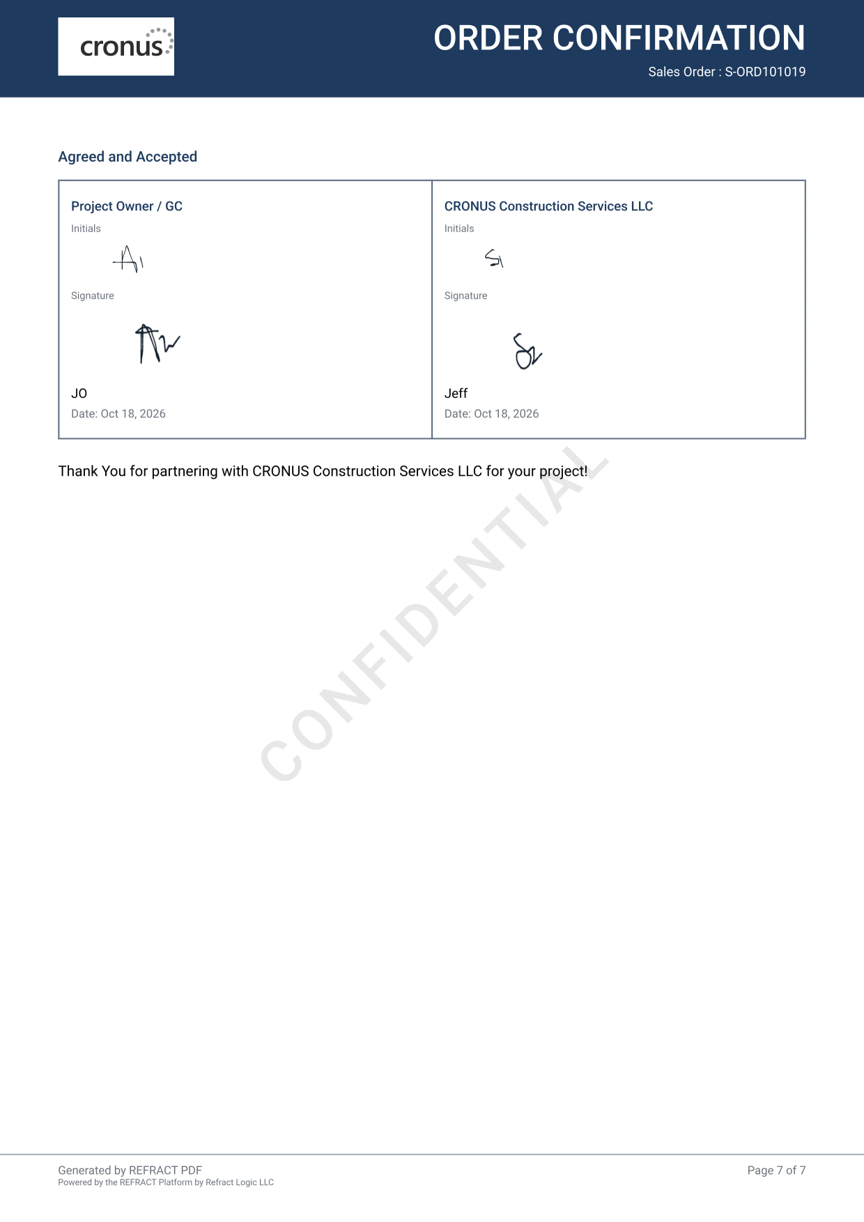 Page 7 of the sealed sales order: both signatures and initials in the Agreed and Accepted block